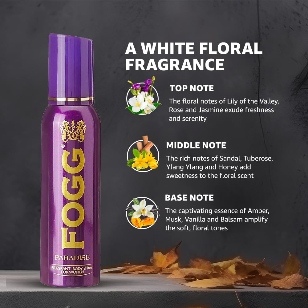 4x Fogg Paradise No Gas Deodorant for Women, Long-Lasting Perfume Body Spray, 150 ml each - Pack of 4