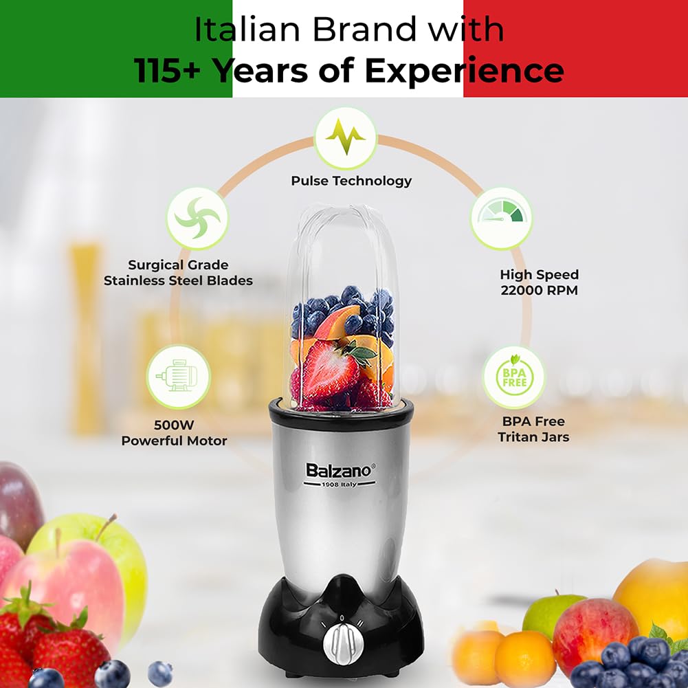 Balzano Bullet Mixer Grinder 500W, 5 Years Motor Warranty, 3 Jars, 2 Blades, 2 Lids, Italian Premium Brand, Pulse Function, Blender for Smoothies and Juices/Smoothie Maker