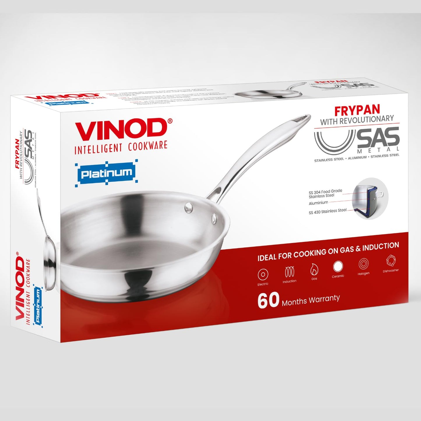 Vinod Platinum Triply Stainless Steel Frypan 20 cm | 2.5 mm Thick | Steel Pan | Scratch Resistant | 5 Year Warranty | Induction & Gas Friendly, Heavy Bottom