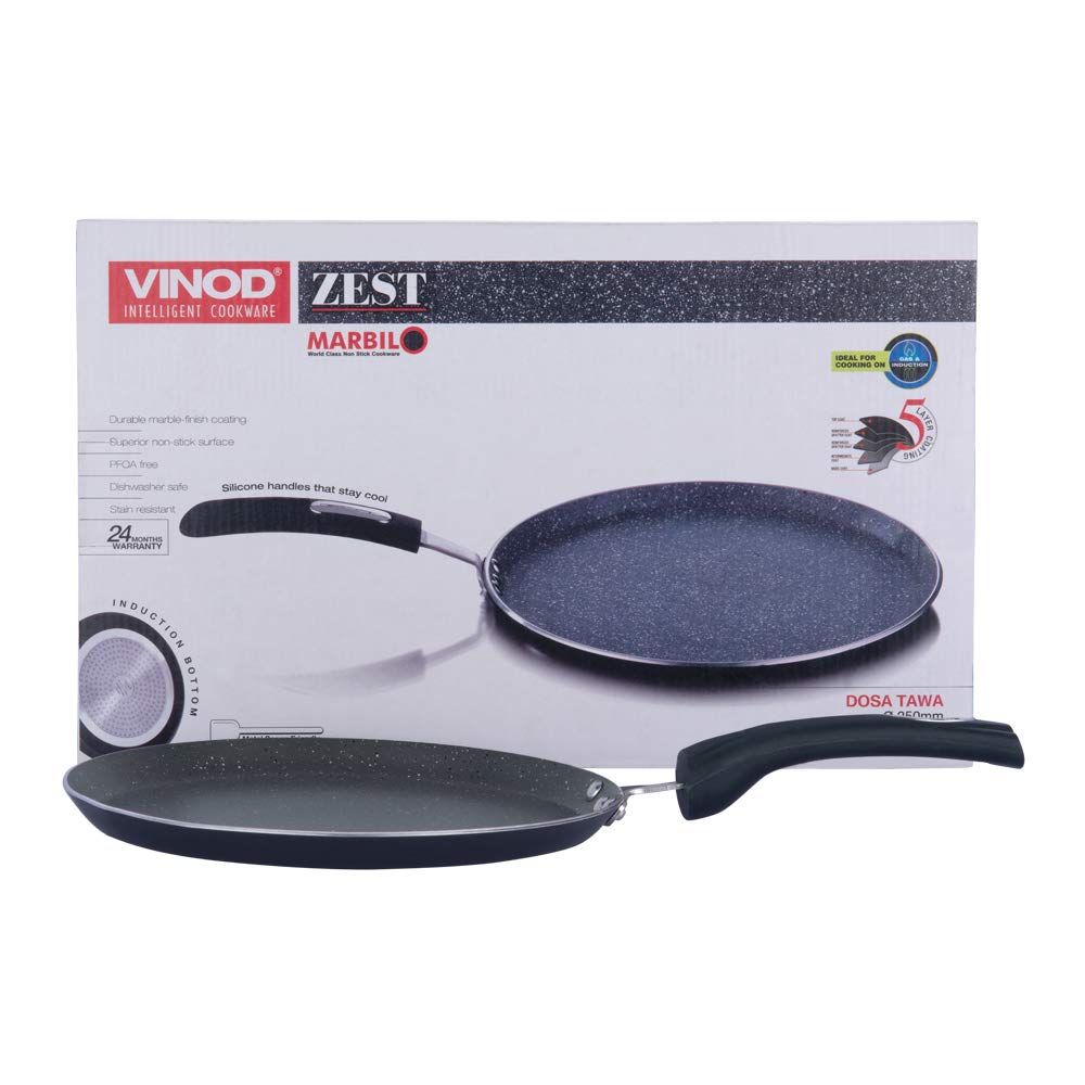 Vinod Cookware Aluminium Zest Marbilo Dosa Tawa, 28cm, Black