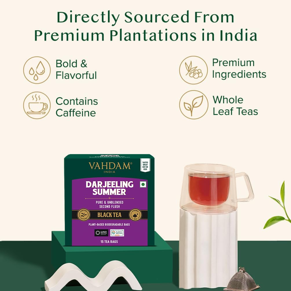 VAHDAM, Darjeeling Summer Black Tea - 15 Black Tea Bags | Pure Darjeeling Tea in Pyramid Shaped Tea Bags -30g