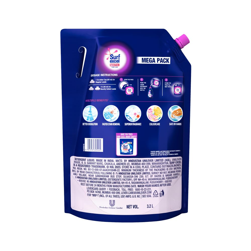 Surf Excel Matic Front Load Liquid Detergent 3.2 L Refill, Designed for Tough Stain Removal on Laundry in Washing Machines - Mega Pack