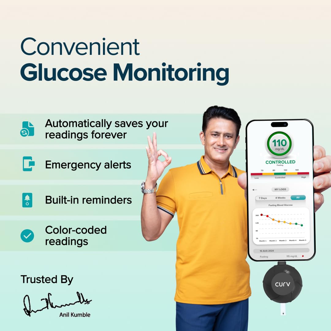BeatO CURV Sugar Test Machine | FREE 50 Strips & 50 Lancets (Type-C USB Connector) | Simple & accurate testing of Blood sugar levels at home |Smartphone Connected Glucometer Machine | Android only | ISO Certified: Made in India