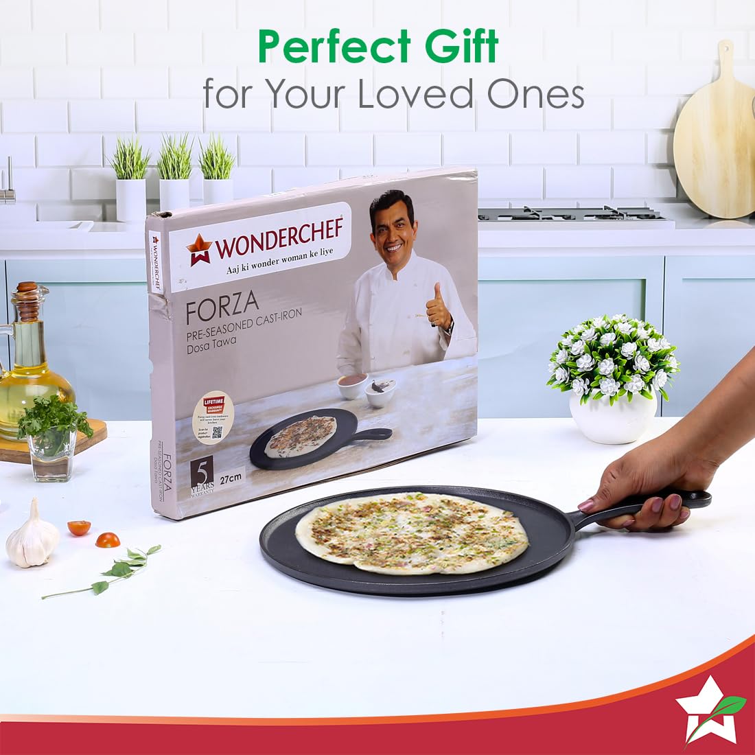 Wonderchef Forza Cast-Iron 27 cm Dosa Tawa Pan | Pre-Seasoned Cookware | Induction Friendly | 4 mm | with Lifetime Exchange Warranty