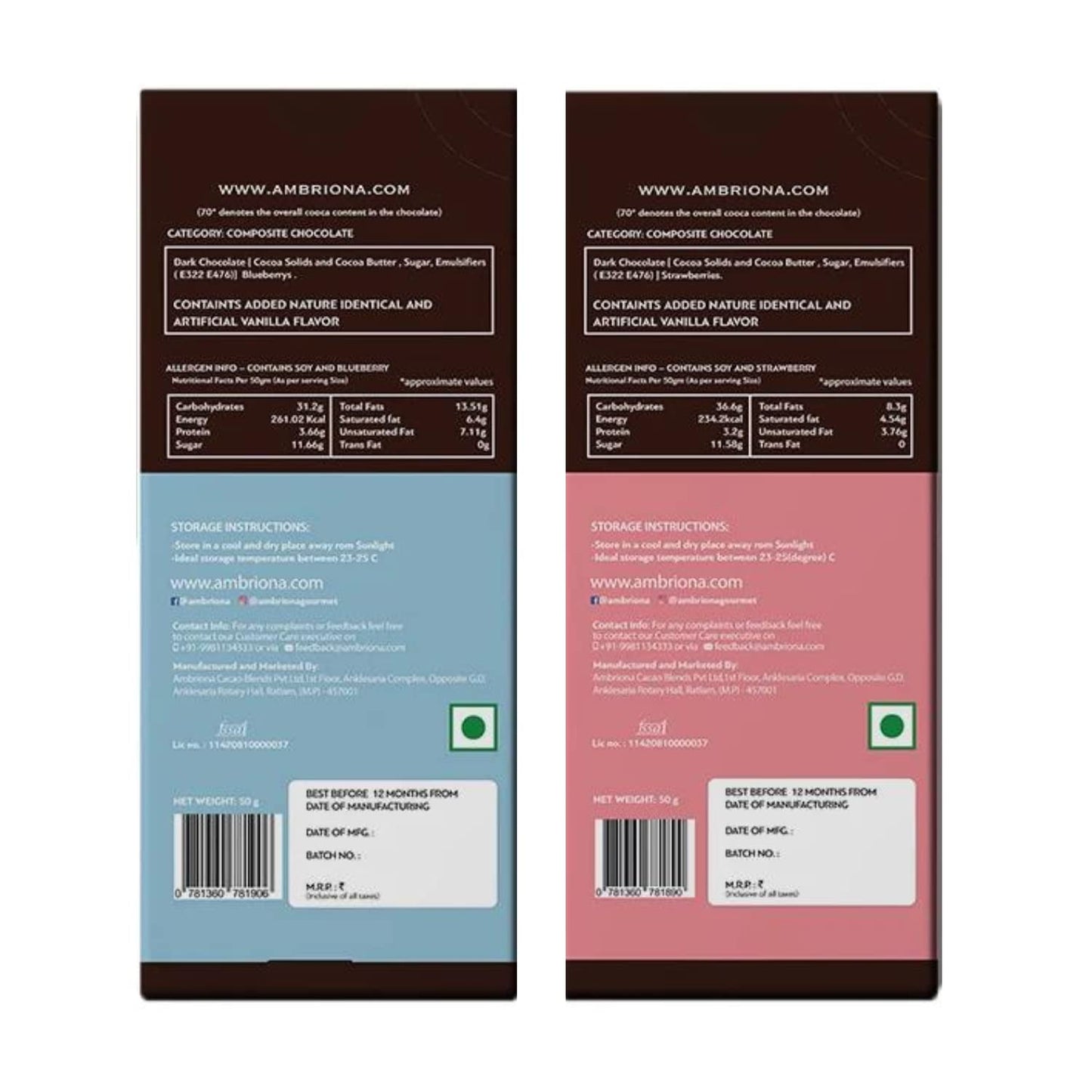 AMBRIONA Daarzel Vegan Dark Chocolate|70% Dark Gluten Free Pack Of 2 Blueberry And Strawberry|2 X 50Gm|Daarzel Bars