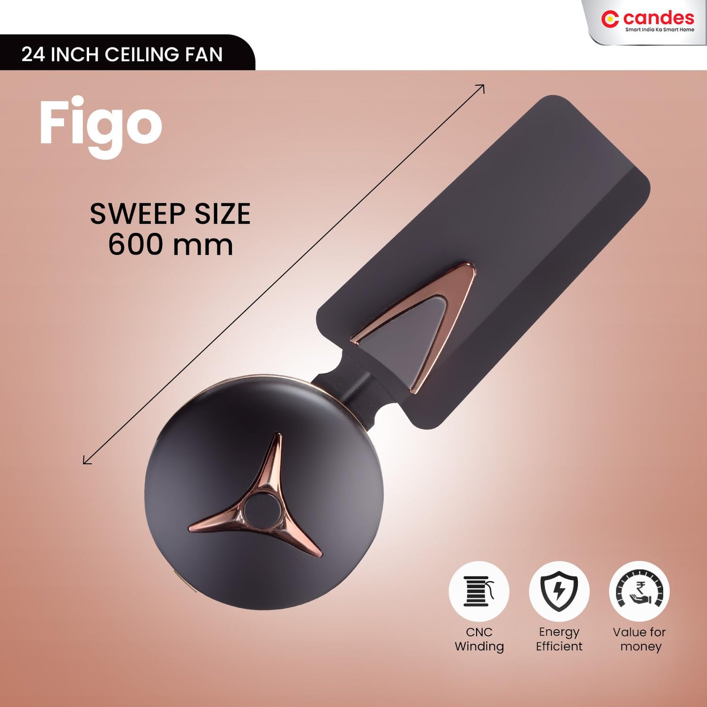 Candes Figo 600 mm /24 inch High Speed Ceiling Fan | BEE Star Rated, High Air Delivery & Energy Saving | Small Fan for Kitchen, Balcony & Small Room | 1+1 Year Warranty | Coffee Brown