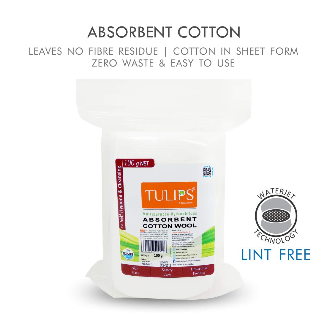 Tulips 100gm Absorbent Soft Cotton Wool/Roll for Makeup Remover, Beauty, Adult & Baby Care Disposable Cotton, (Pack of 2)