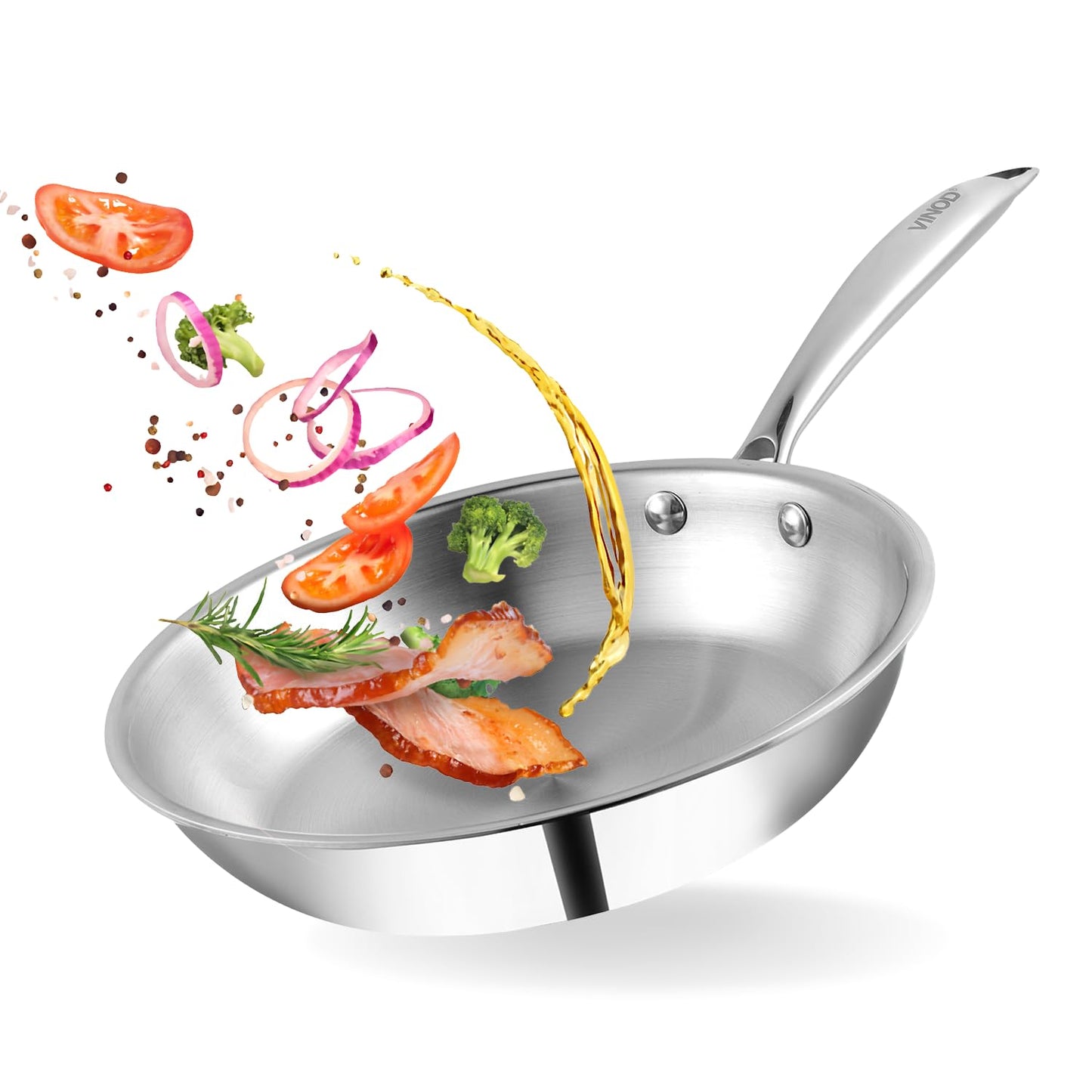 Vinod Platinum Triply Stainless Steel Frypan 20 cm | 2.5 mm Thick | Steel Pan | Scratch Resistant | 5 Year Warranty | Induction & Gas Friendly, Heavy Bottom