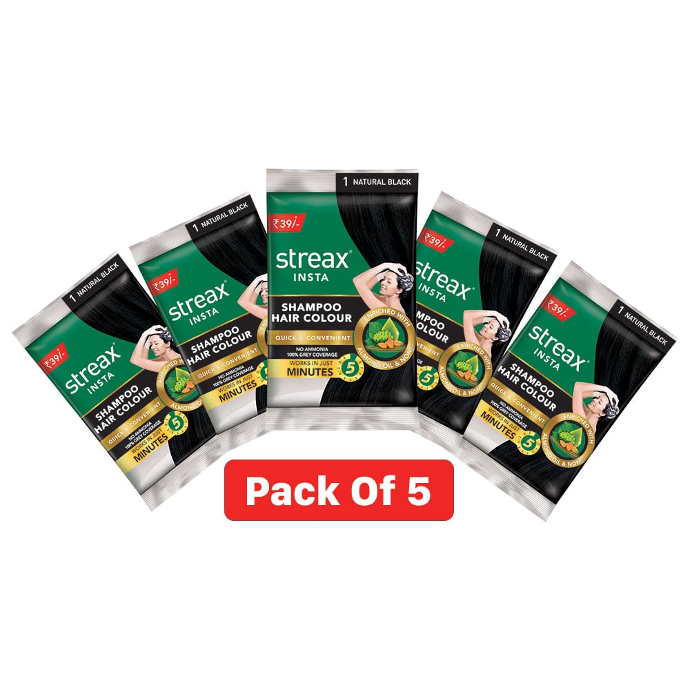 Streax Insta Shampoo Hair Colour for Women and Men, Natural Black - Pack of 5 | 100% grey coverage in 5 minutes | Long lasting, easy to use