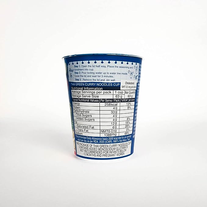 Blue Dragon Instant Cup Noodle - Thai Green Curry Cup Noodle | Easy to Making | Vegetarian Food | No Preservative & Artificial colors | Instant Cup Noodle - 63gm