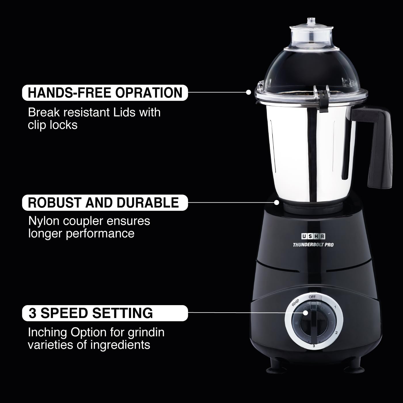 USHA Thunderbolt Pro 1000W with 3 Jars, 100% Copper Ball-Bearing Motor, Handsfree operation, 3 Jars, 3-Speed Setting with Inching option, 5 Years Warranty on Motor (Black)