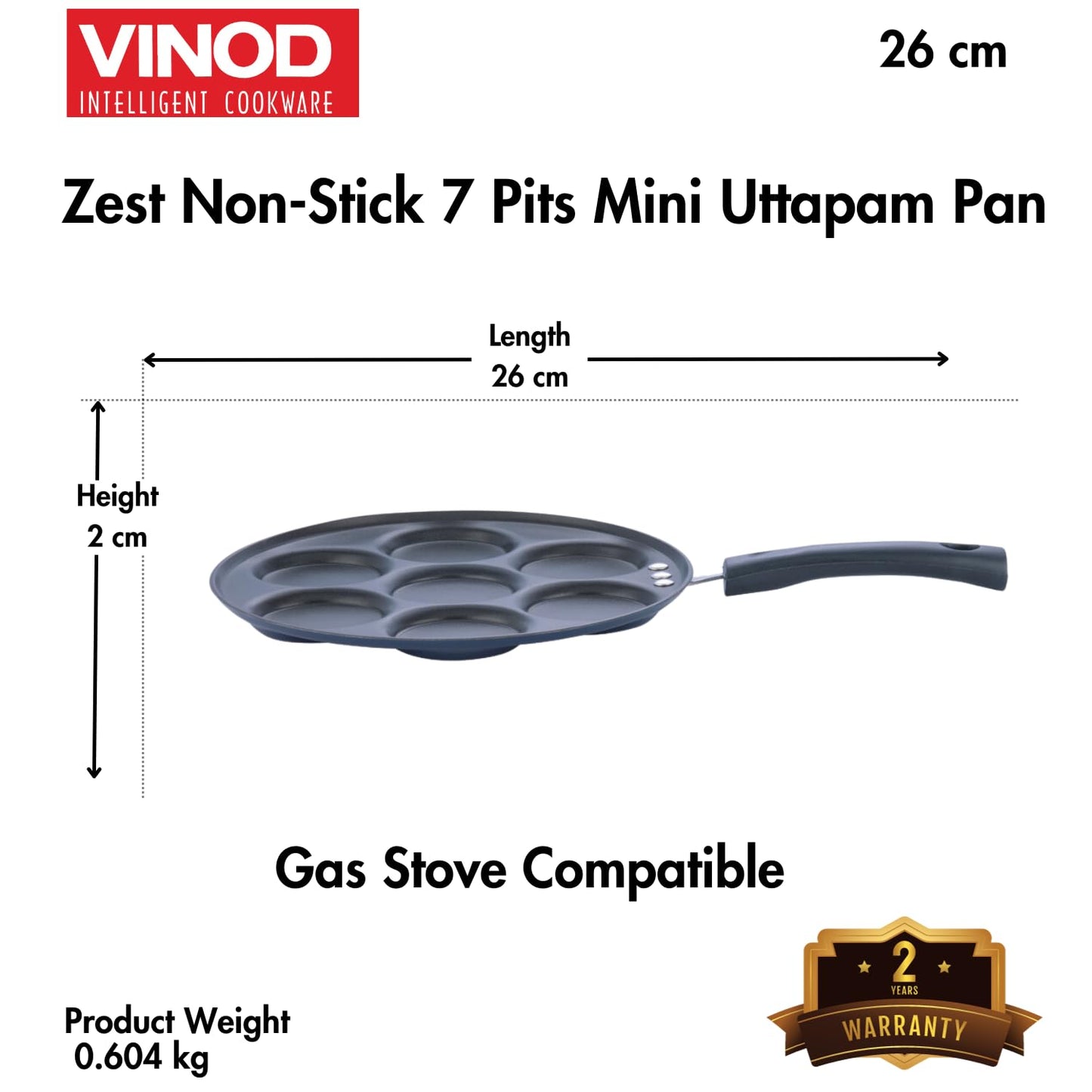 Vinod Zest Aluminium Non Stick Mini Uttapam Pan - 7 Cavaties, 26 cm | 3mm Thick | 3 Layer Coating | Bakelite Handle | Metal Spoon Friendly| Gas Base | 1 Year Warranty - Blue