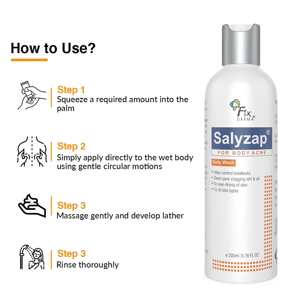4x FIXDERMA Salyzap 2% Salicylic Acid Body Wash - 200ml each (Pack of 4)