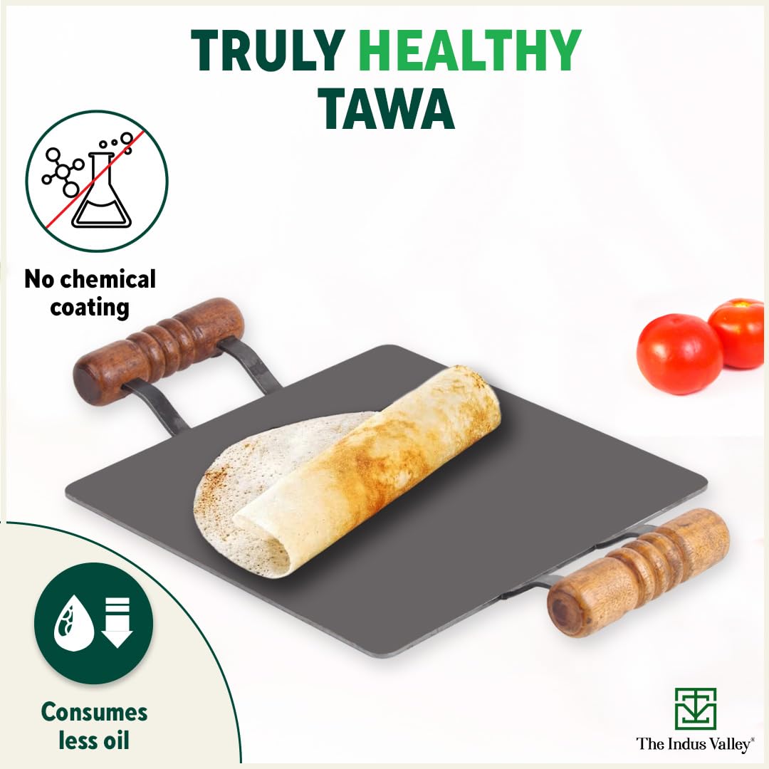 The Indus Valley Pre-Seasoned Square Iron Tawa with Wooden Handle | 30 cm/11.8 inch, 3.26kg | Induction Friendly | Pre-Seasoned Tawa, 100% Pure & Toxin-Free, No Chemical Coating