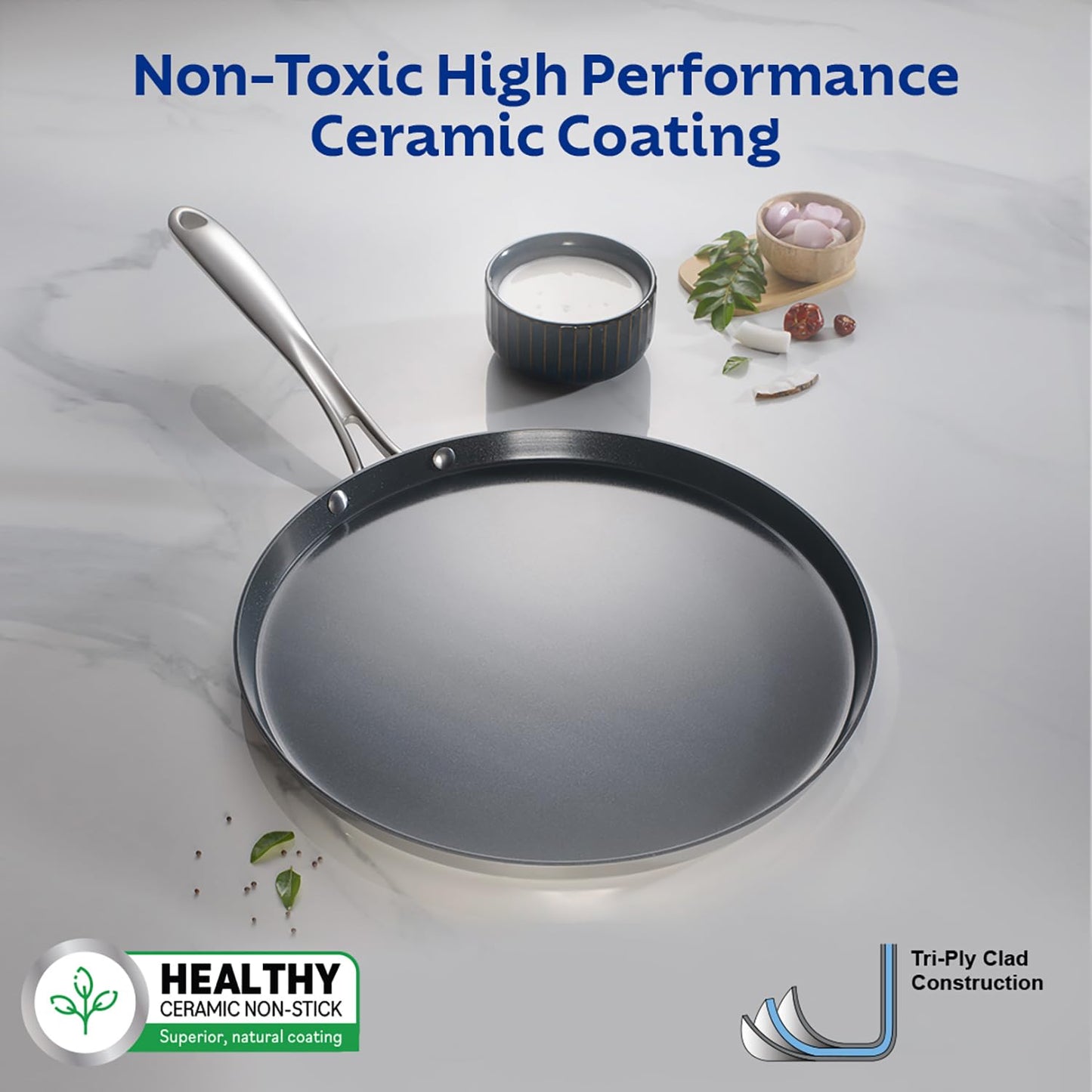 TRAMONTINA Fusao Healthy Triply Ceramic 28cm Dosa Tawa 4mm Thick | Non Toxic (PFAS/PTFE/PFOA Free)| Uttapam Tawa |Roti Tawa |Parantha | Induction Friendly |Stay Cool Handle I 10 Year Warranty*