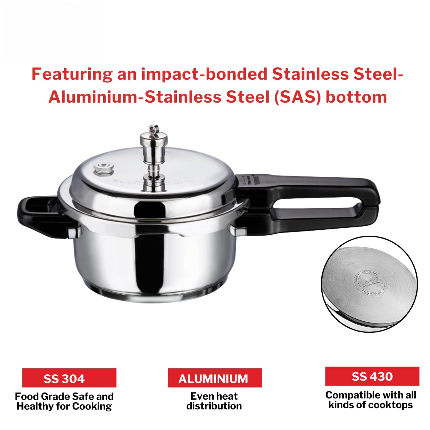 Vinod 18/8 Stainless Steel Pressure Cooker Outer Lid 3 Litre | Unique Sandwich Bottom Cooker | Induction and Gas Base | ISI and CE certified | 2 Years Warranty
