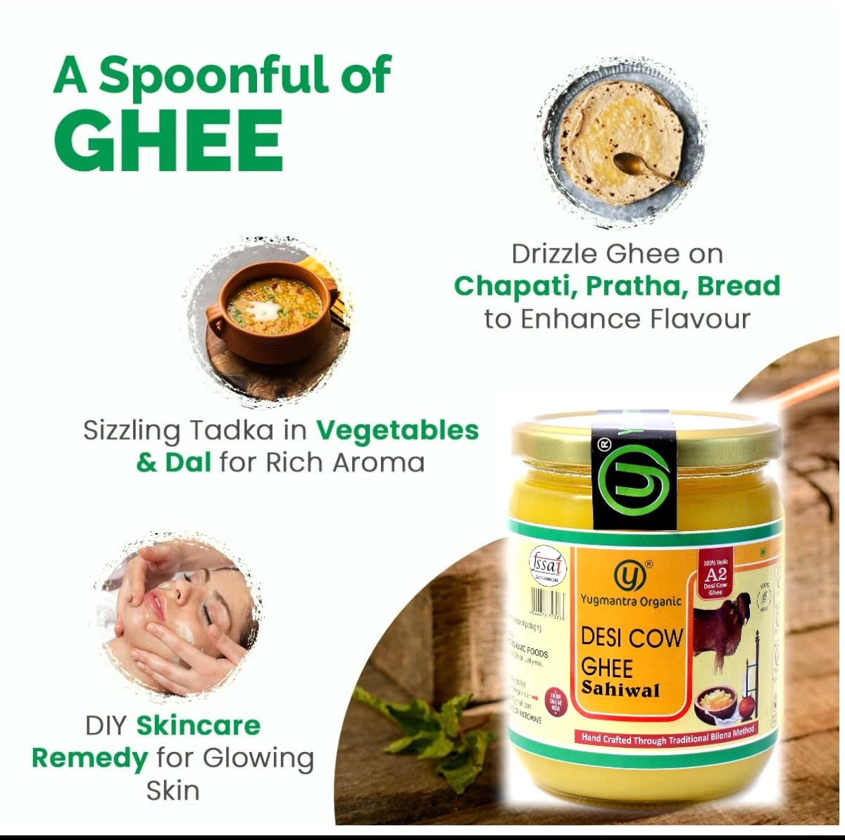 Yugmantra Organic Foods -100 % Natural Pure & Aromatic Desi Sahiwal Cow Ghee -Traditional Churned With Bilona Method|No Added Additives|A2 Danedar Desi Ghee|Immunity Booster - Glass Bottle - 1000 Ml