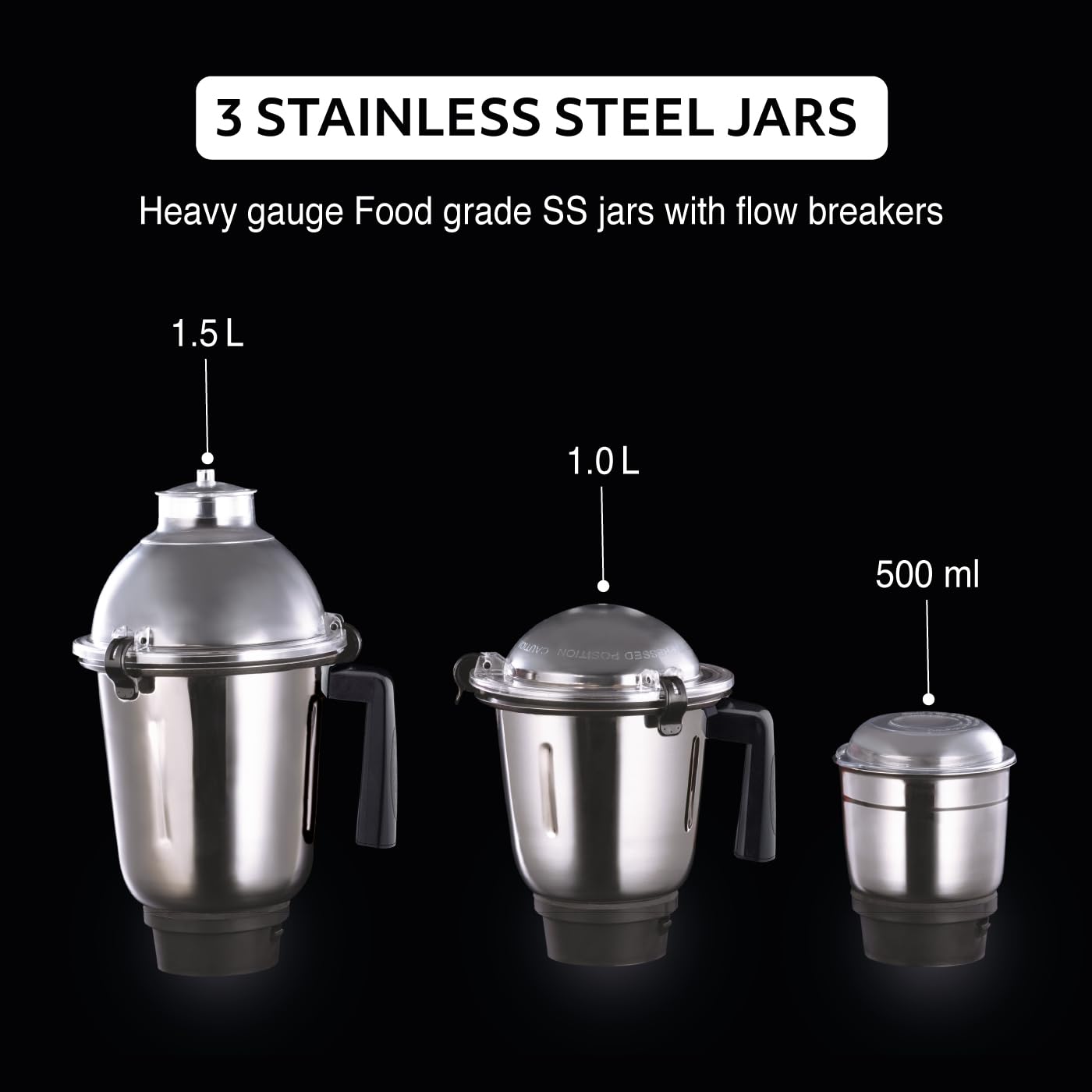 USHA Thunderbolt Pro 1000W with 3 Jars, 100% Copper Ball-Bearing Motor, Handsfree operation, 3 Jars, 3-Speed Setting with Inching option, 5 Years Warranty on Motor (Black)