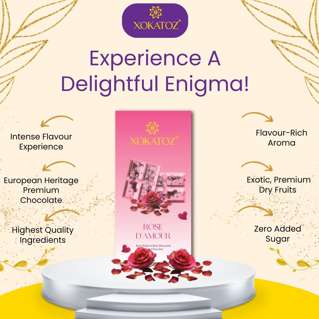 XOKATOZ Exotic Premium Chocolate - 1 Rose D’Amour Flavour - Flavoured White Chocolate Bars - Gift Set - Pack of 1, 75 gm (75 gm x 1)