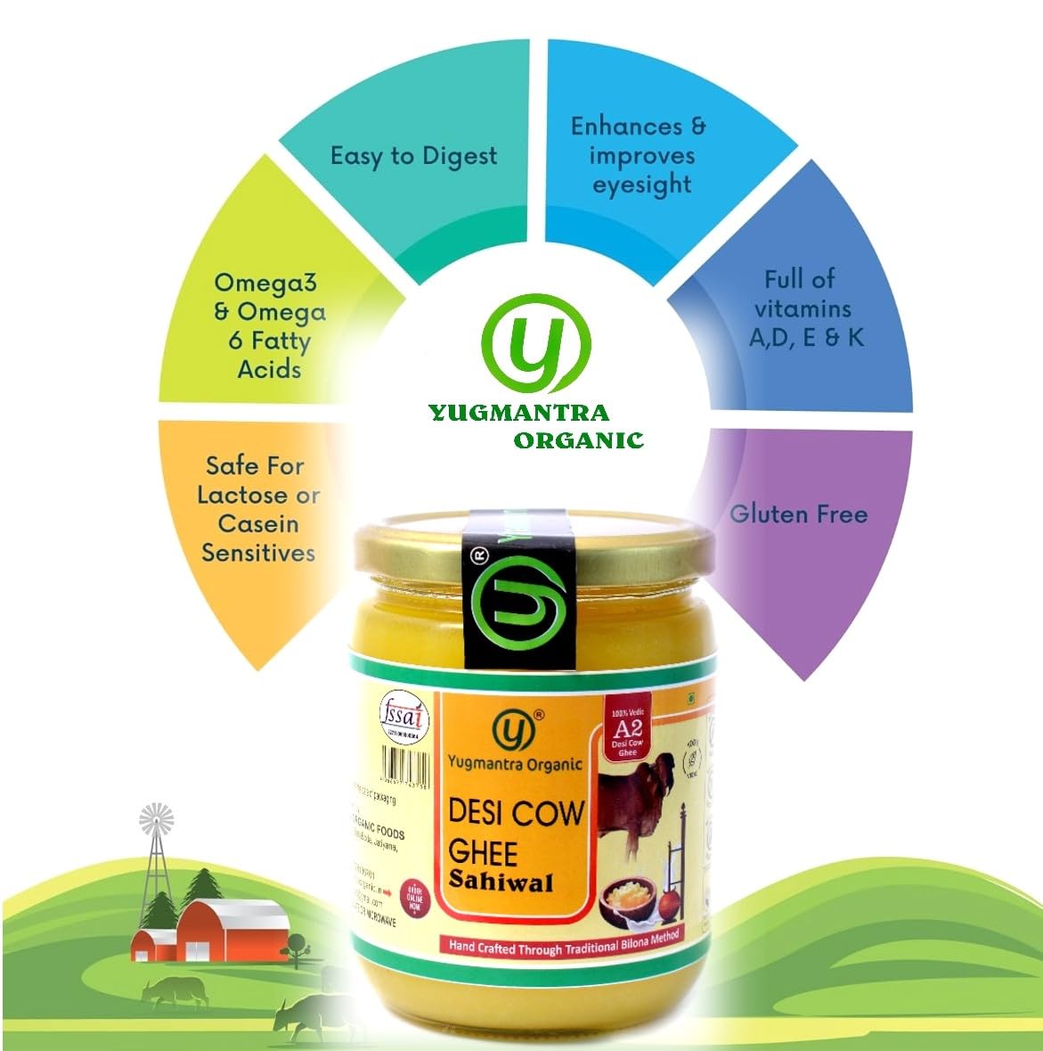 Yugmantra Organic Foods -100 % Natural Pure & Aromatic Desi Sahiwal Cow Ghee -Traditional Churned With Bilona Method|No Added Additives|A2 Danedar Desi Ghee|Immunity Booster - Glass Bottle - 1000 Ml