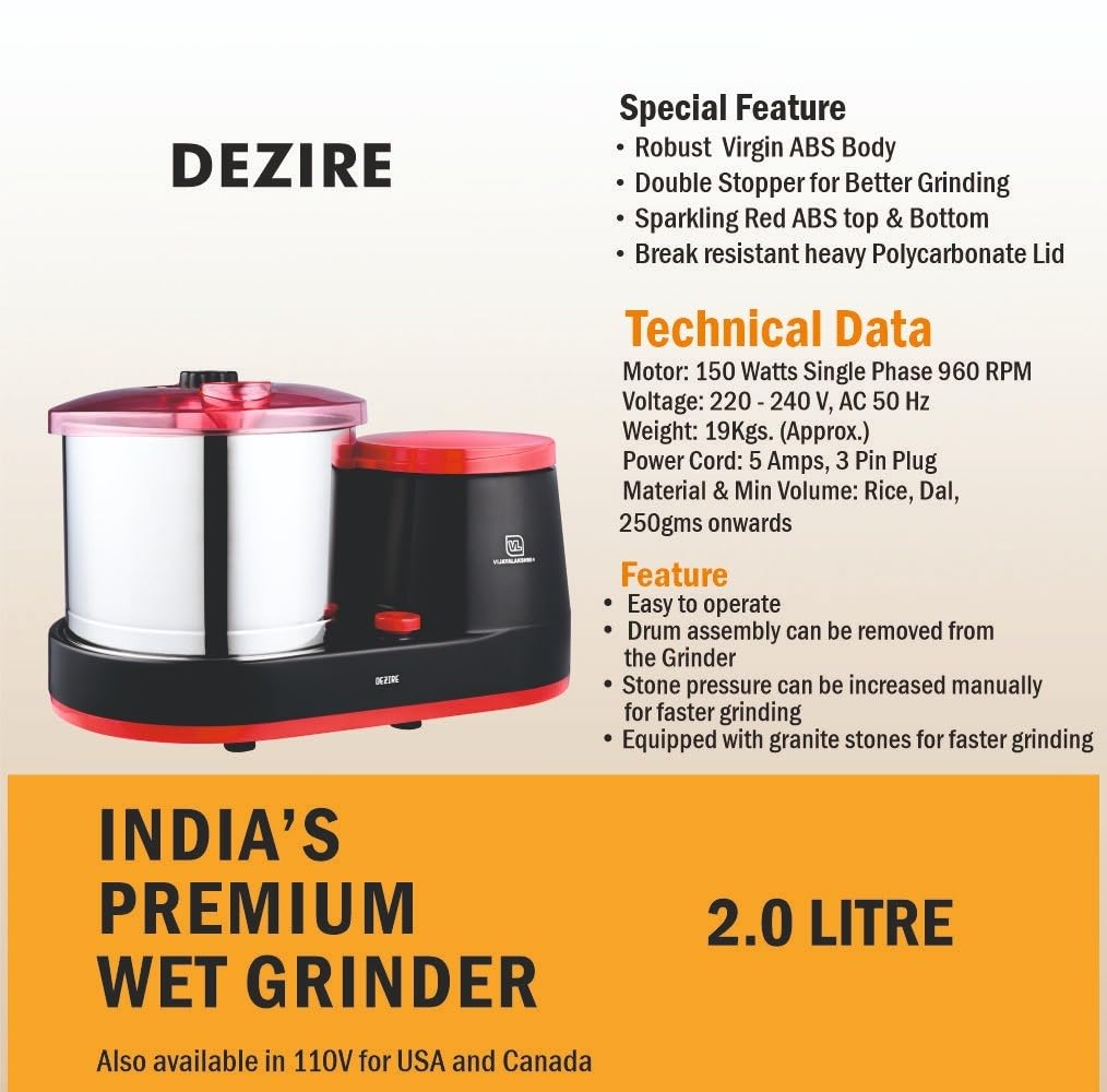 VIJAYALAKSHMI | Dezire 2 Litre | Heavy ABS Body Wet Grinder, 2L (Black & Red) | with Coconut Scrapper & Atta Kneader Attachment.
