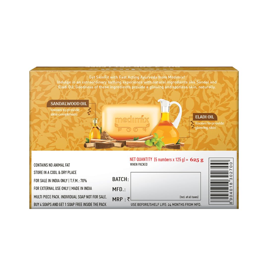 5x Medimix Ayurvedic Sandal Bathing Soap Bar With Eladi Oil 125G each - Pack of 5