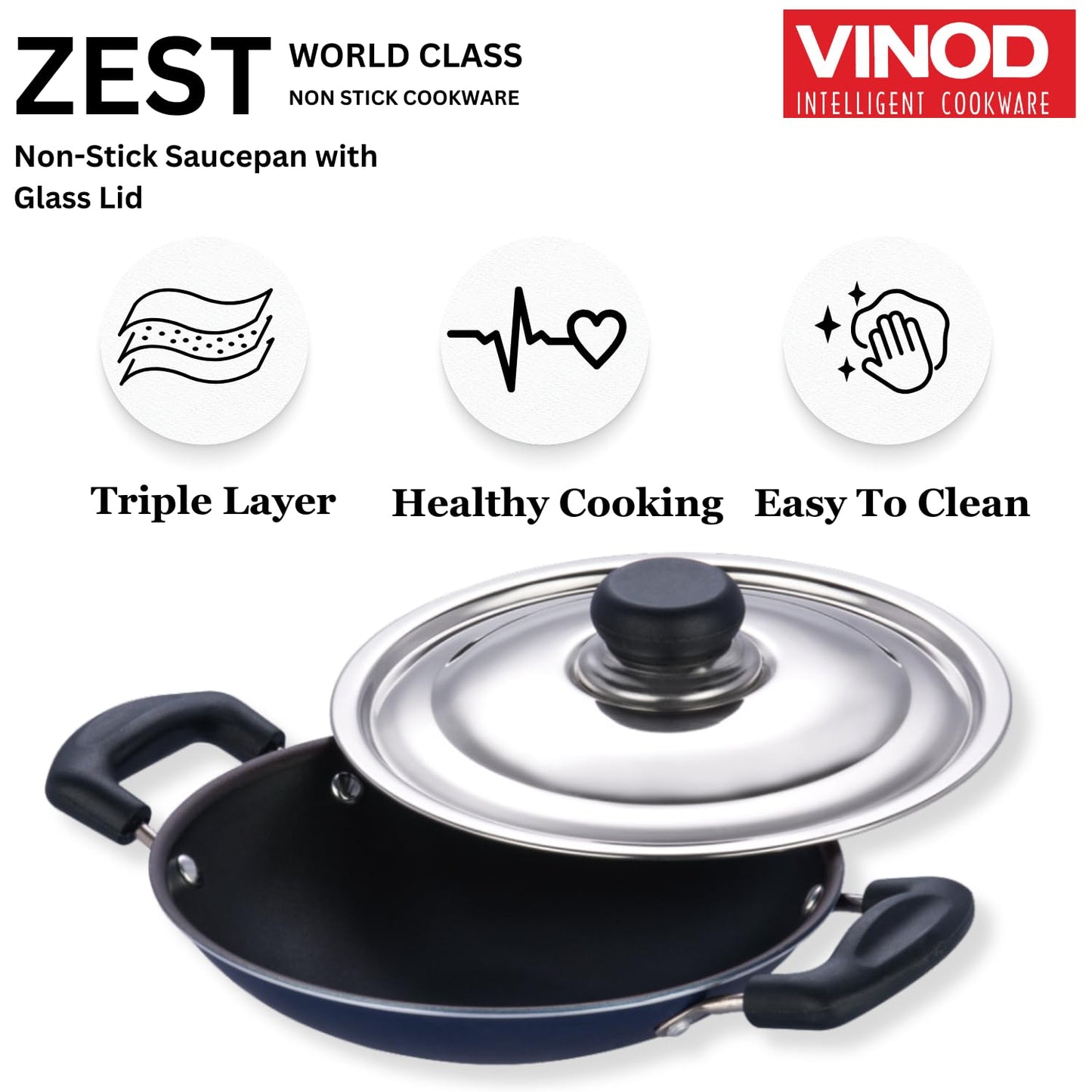 Vinod Zest Non Stick Appachetty with Lid - 20 cm| Appam Pan | 3 mm Extra Thick | 3 Layer Coating | Metal Spoon Friendly | Bakelite Handle | Gas Base | 1 Year Warranty - Blue