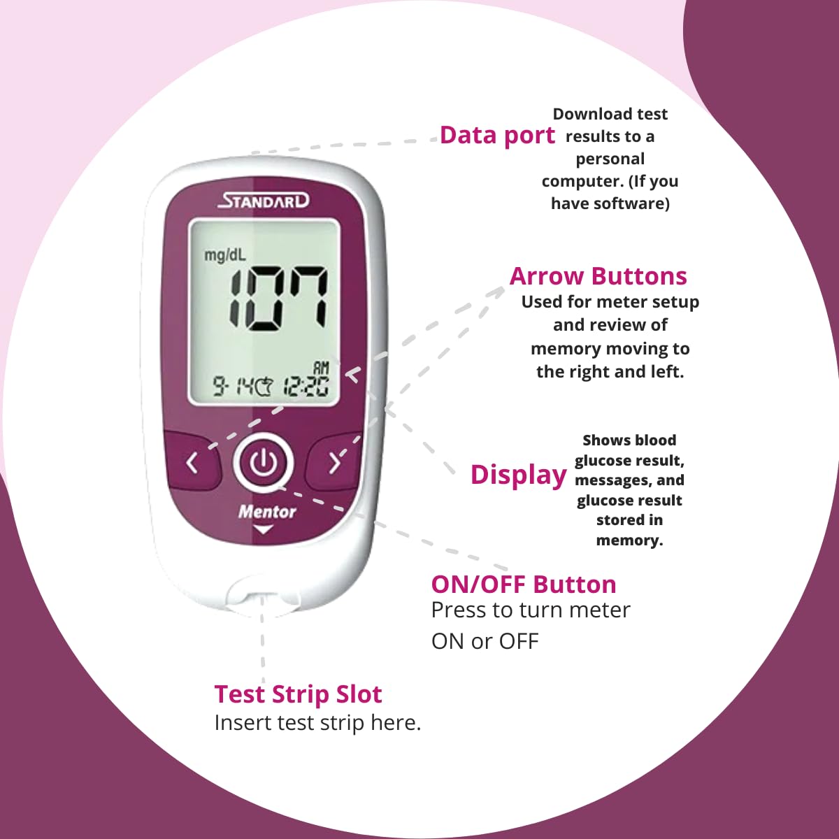 STANDARD Mentor Digital Blood Glucose Meter for self Diabetes testing monitor machine with 10 Strips & complete medical device Kit - Glucometer (Magenta)