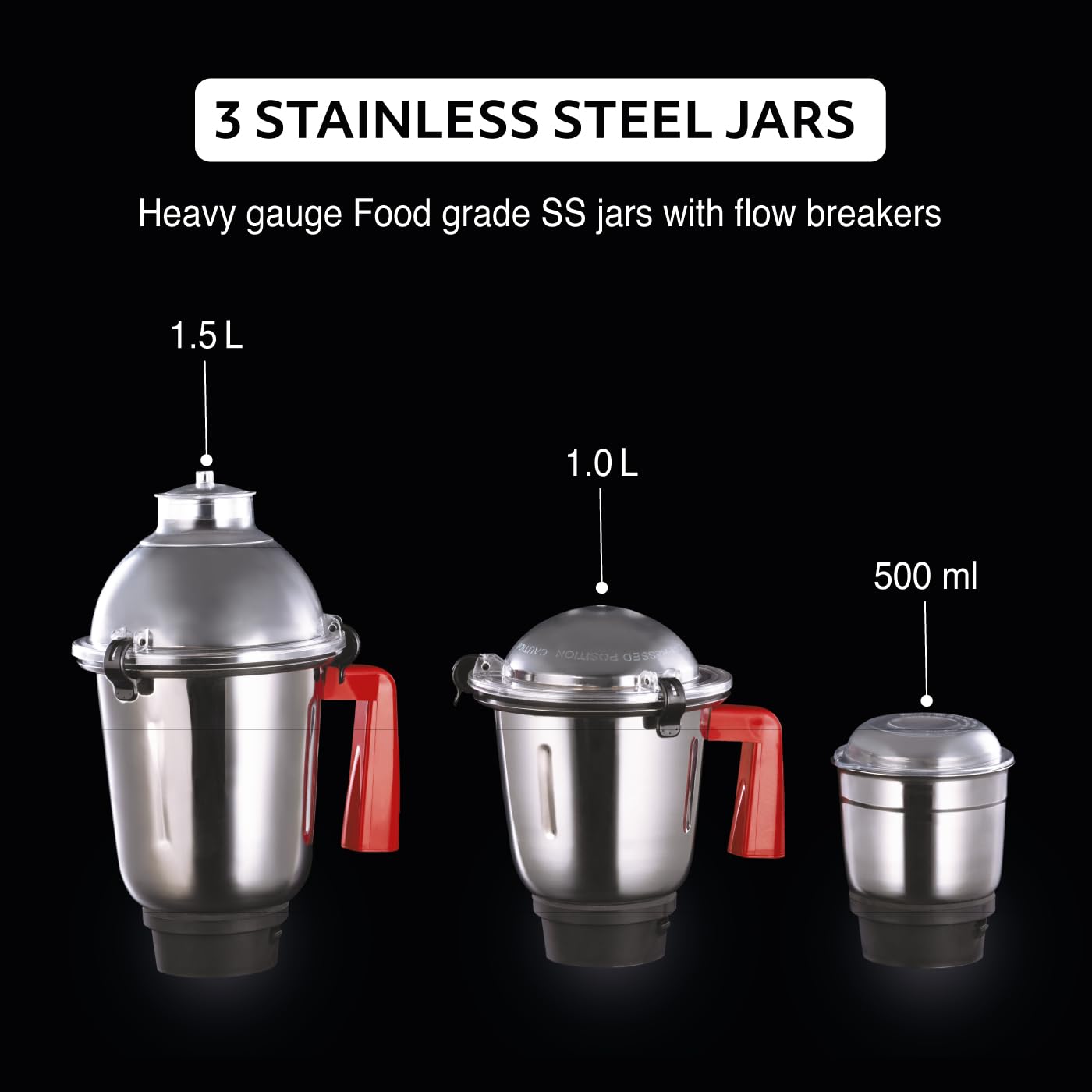 USHA Thunderbolt Pro 1000W with 3 Jars, 100% Copper Ball-Bearing Motor, Handsfree operation, 3 Jars, 3-Speed Setting with Inching option, 5 Years Warranty on Motor (Red)