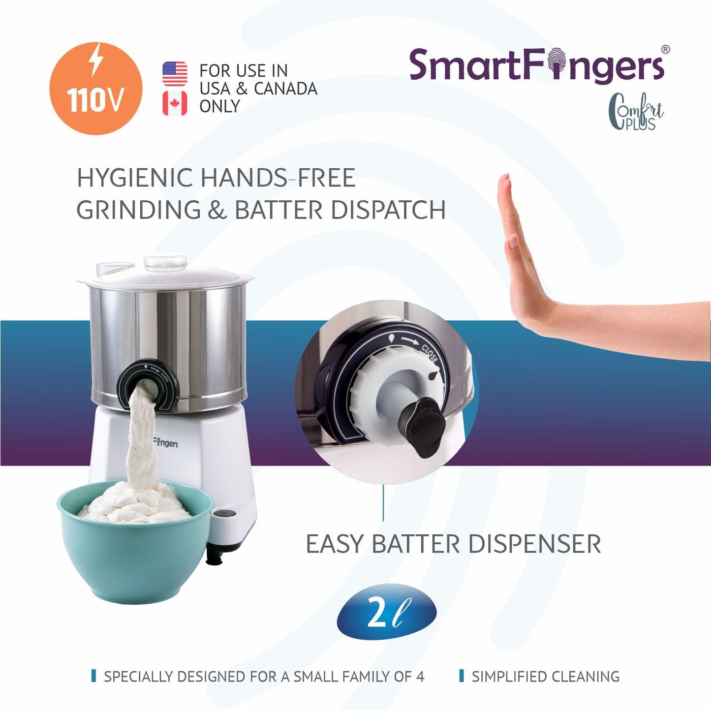 SmartFingers Stainless Steel Comfort Plus Table Top Magic Wet Grinder 110V 60Hz (2 L) For Usa Canada And Japan Only, White
