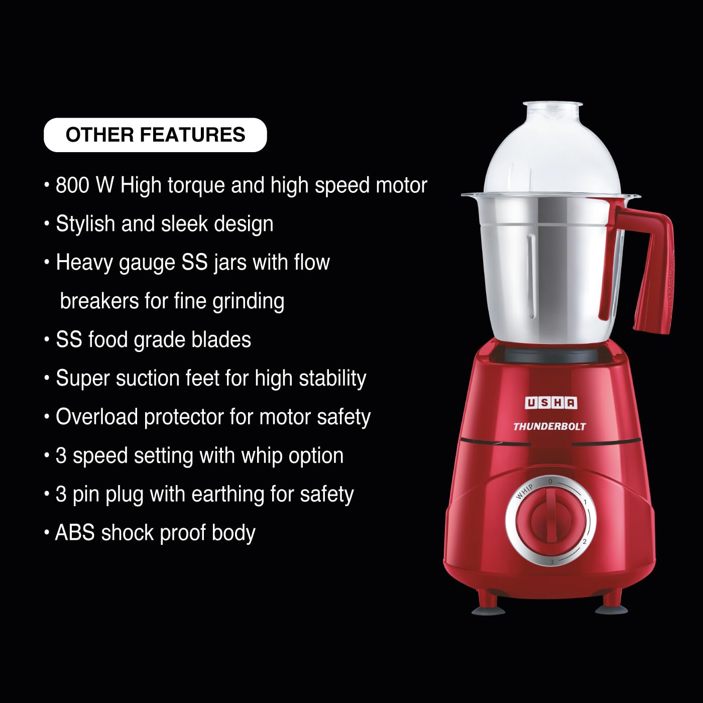 USHA Thunderbolt 800-Watt Copper Motor Mixer Grinder with 3 Jars and 5 Years Motor Warranty(Red)