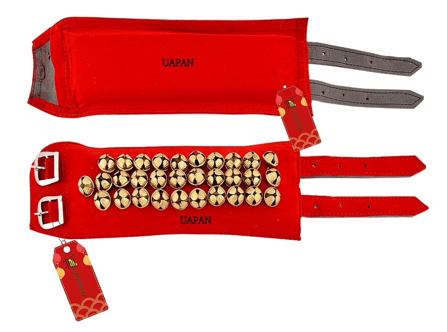 UAPAN 3 line Ankle Bells Velvet Pad for Classical Bharatanatyam Kathak Dance with Adjustable Strap (Red Velvet Belt)