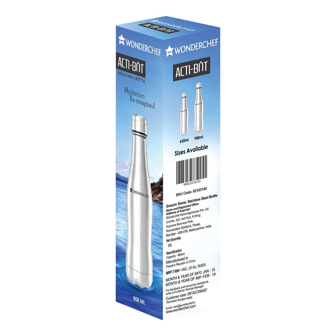 Acti-Bot Stainless Steel Single Wall Water Bottle, 900ml