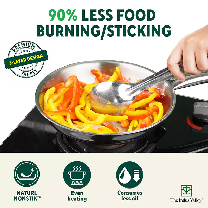 TurboCuk Tri-ply Stainless Steel Cookware Set: 2.2L Kadai+ 1.4L Frypan+ 1.2L Tea/Milk pan, Premium Quality, 3 Layer Thick Body, 100% Toxin-free, Non-stick, Induction & Gas