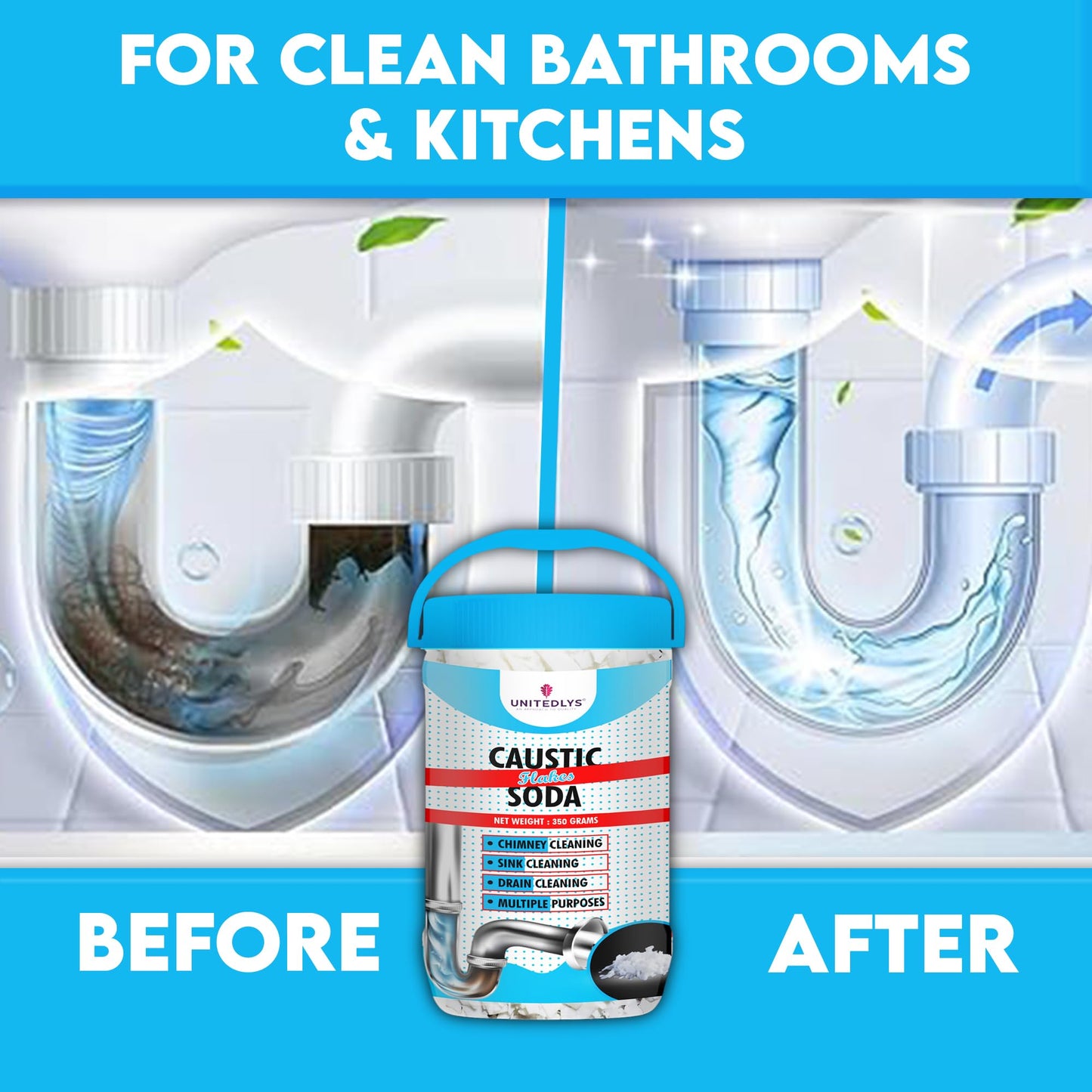 Unitedlysยฎ Caustic Soda Drainage Block Remover 350G | Fast-Acting, Non-Toxic & Odorless Drain Cleaner Powder | Caustic Soda for Drain Cleaning | Sink Cleaner, Drain Pipe Cleaner & Drainage Cleaner