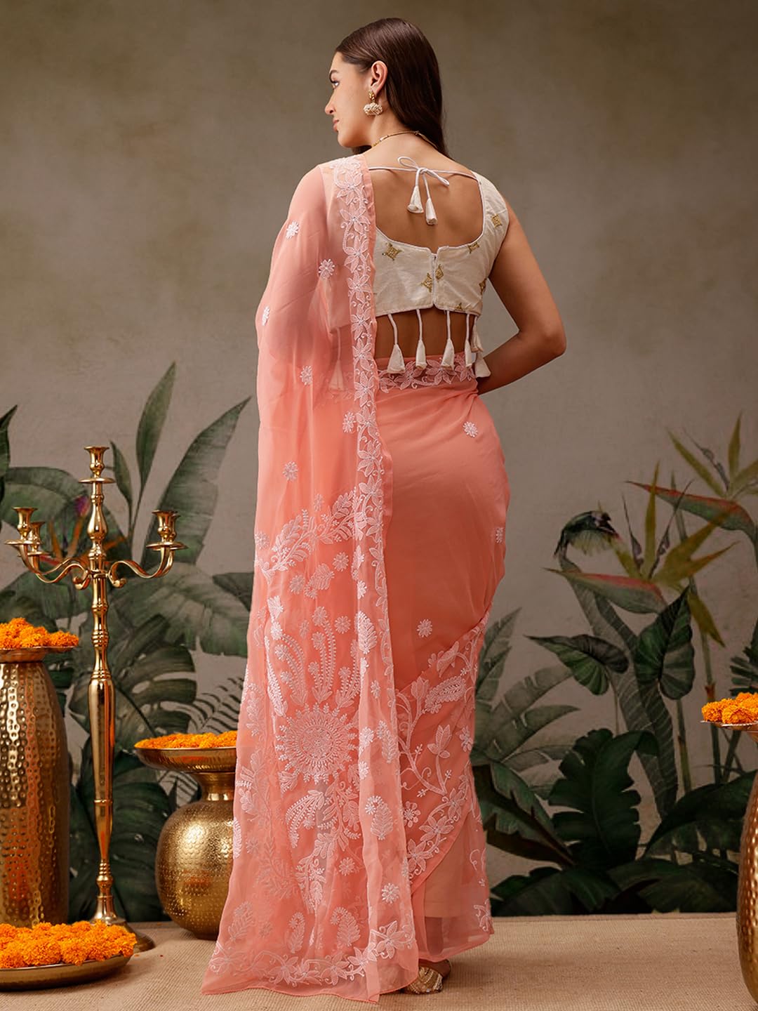 Ada Latest Chikan Peach Georgette Fancy Saree Blouse With Designer Embroidered Motifs A130092