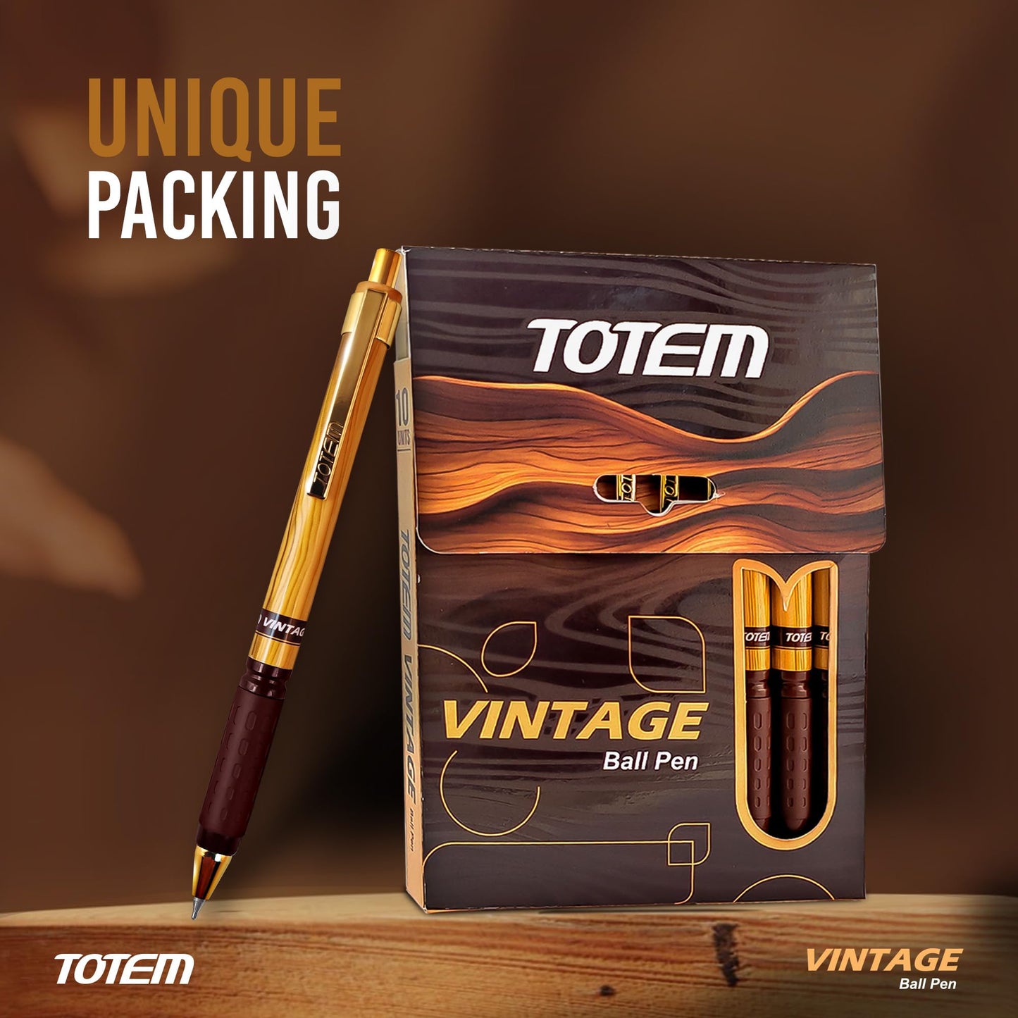 TOTEM Vintage Ball Pens | 10 Blue Ink Pens | Attractive Woody Texture | 0.7 mm Tip | Pens for Students | Comfortable Grip | Smudge Free Writing | Retractable & Click Pens | Gifting & Office Purpose