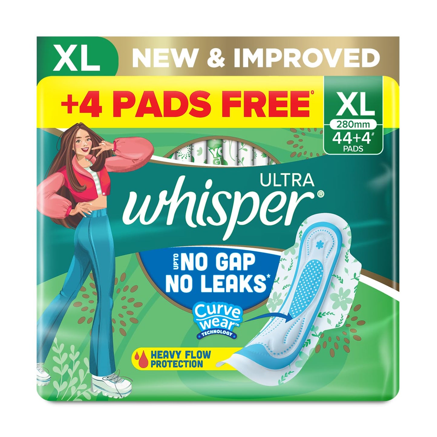 Whisper Ultra Upto No Gap No Leaks Sanitary Pads, 48 XL Pads, For Heavy Flow Protection, With CURVEWEAR™ Technology, Cotton Like Softness, Disposable Wrapper, Locks Odour & Wetness