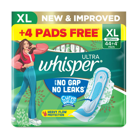 Whisper Ultra Upto No Gap No Leaks Sanitary Pads, 48 XL Pads, For Heavy Flow Protection, With CURVEWEAR™ Technology, Cotton Like Softness, Disposable Wrapper, Locks Odour & Wetness