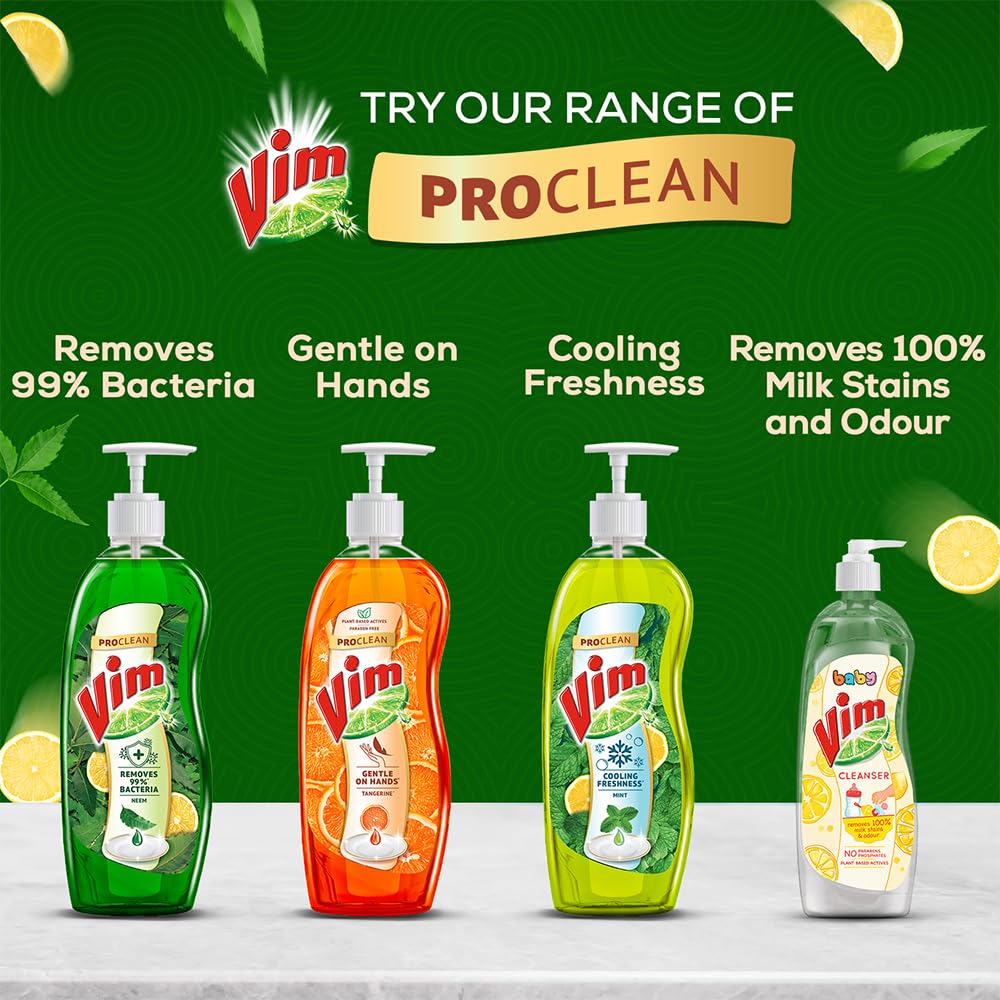 Vim ProClean Dishwash Liquid Gel with Neem, Removes 99%* Backeteria, Removes tough grease and odours, 750ml