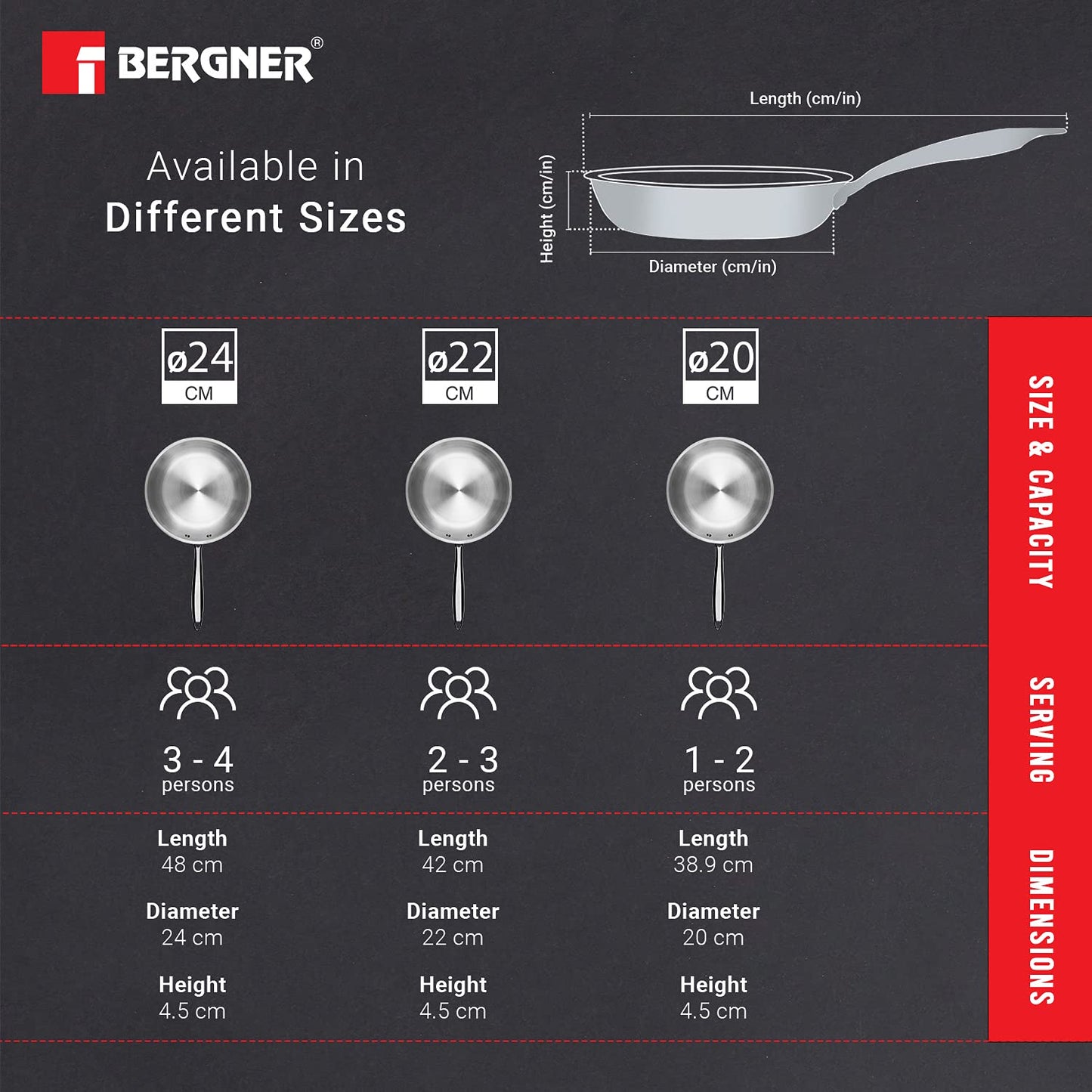 BERGNER Argent TriPly 20 cm Frypan/Steel Pan, Scratch Resistant, for Spice Tempering/Seasoning, Stay Cool Long Handle, Mirror Finish, Induction Ready, 5-Year Warranty by Bergner
