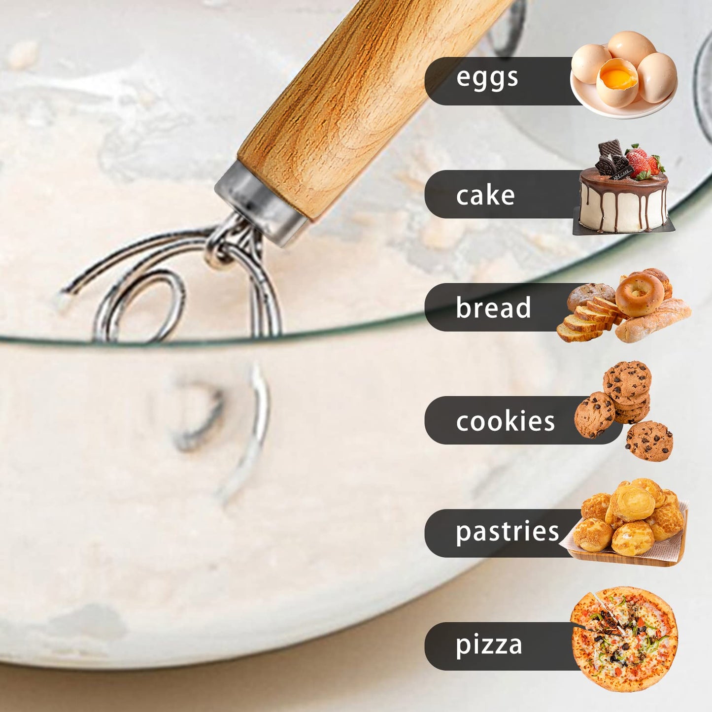 (More Efficient) TeeVea Danish Dough Whisk Stainless Steel Dutch Style Bread Dough Hand Mixer Blender Wooden Handle Kitchen Baking Tools Artisian Blender