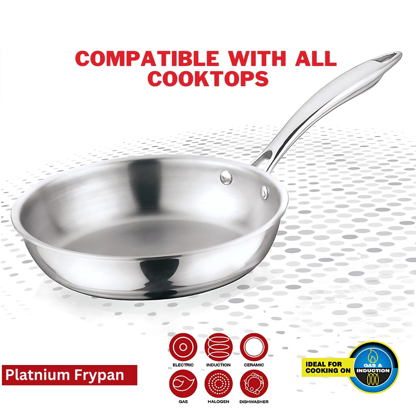 Vinod Platinum Triply Stainless Steel Frypan 20 cm | 2.5 mm Thick | Steel Pan | Scratch Resistant | 5 Year Warranty | Induction & Gas Friendly, Heavy Bottom