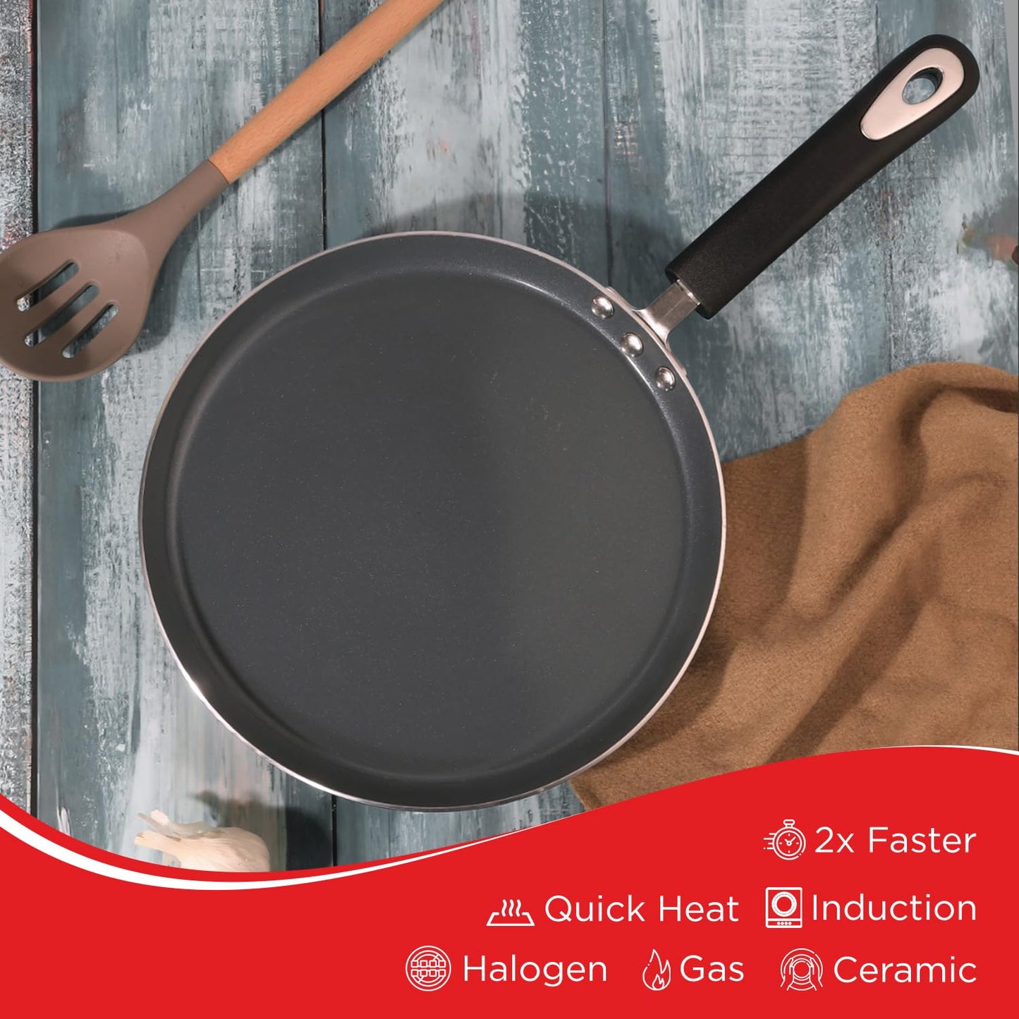 Vinod Zest Ceramica Dosa Tawa - 28 cm | Natural Stick Free Roti Tawa | Stylish Handle | Toxin Free | Induction and Gas Base | Scratch Resistant | 2 Year Warranty - Black