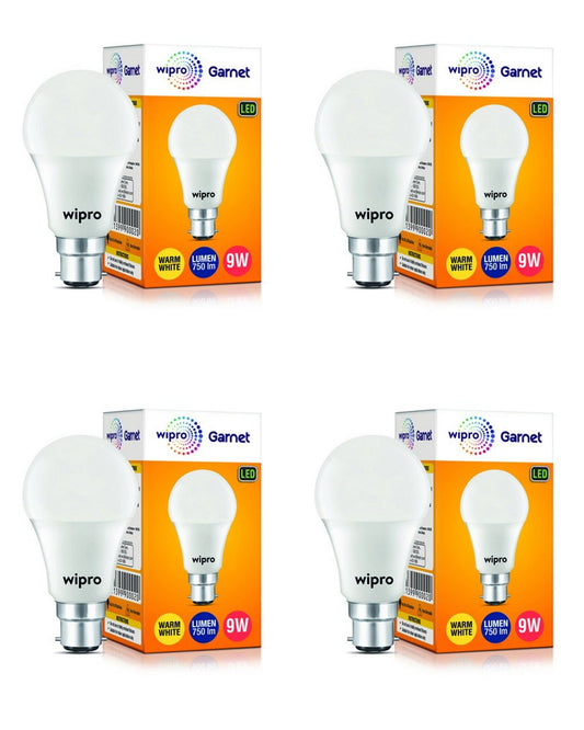 wipro Garnet 9W LED Bulb for Home & Office |Warm White (2700K) | B22 Base|220 degree Light coverage |4Kv Surge Protection |400V High Voltage Protection |Energy Efficient | Pack of 4