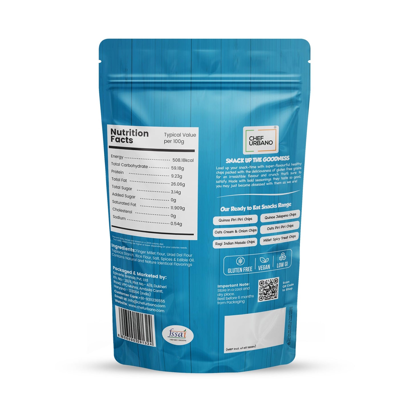 15x Chef Urbano Ragi Chips Indian Masala 85g each - Pack of 15