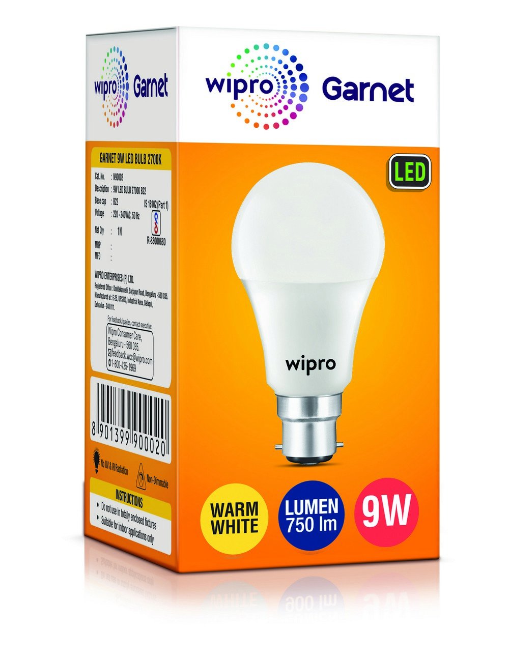 wipro Garnet 9W LED Bulb for Home & Office |Warm White (2700K) | B22 Base|220 degree Light coverage |4Kv Surge Protection |400V High Voltage Protection |Energy Efficient | Pack of 4