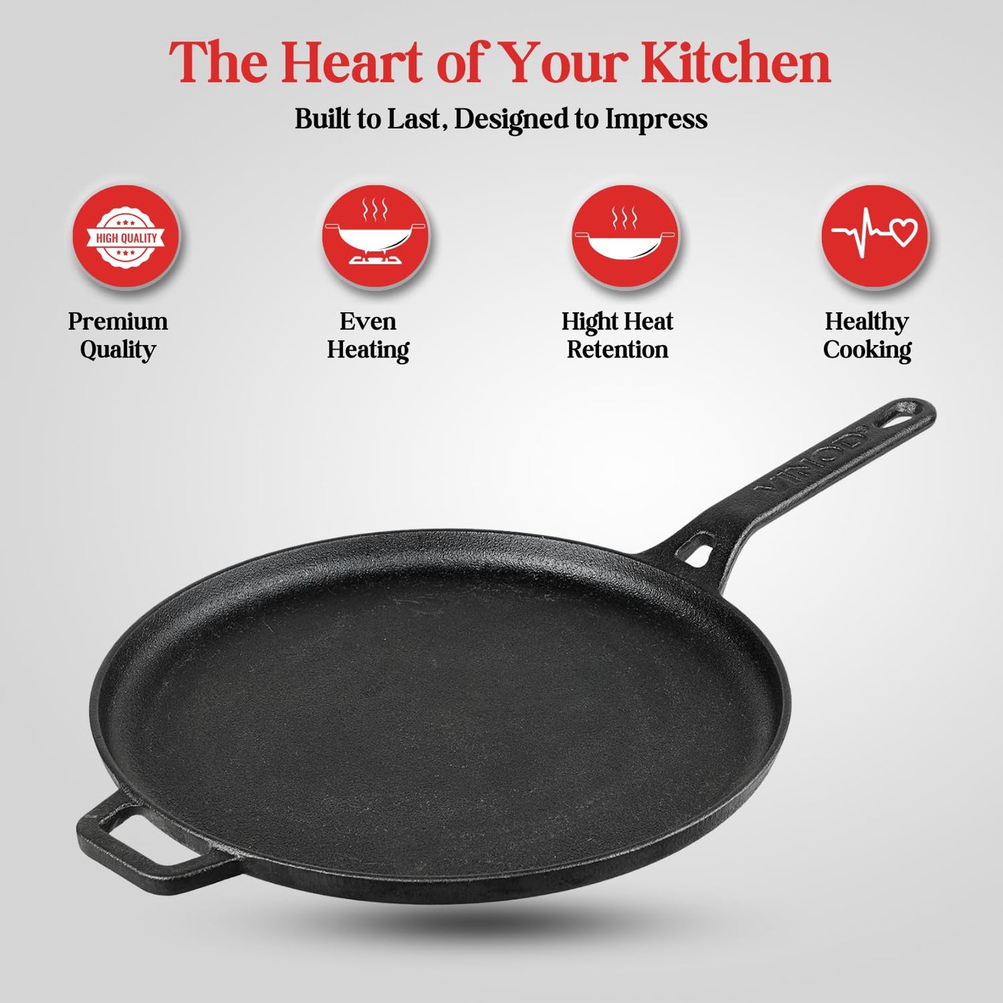 Vinod Legacy Pre Seasoned Cast Iron Flat Roti Tawa with Handle - 28 cm/Chapati, Dosa, Naan, Omlette Kallu Tava / 100% Pure Naturally Non Stick/Toxin & Rust Free/Gas Base