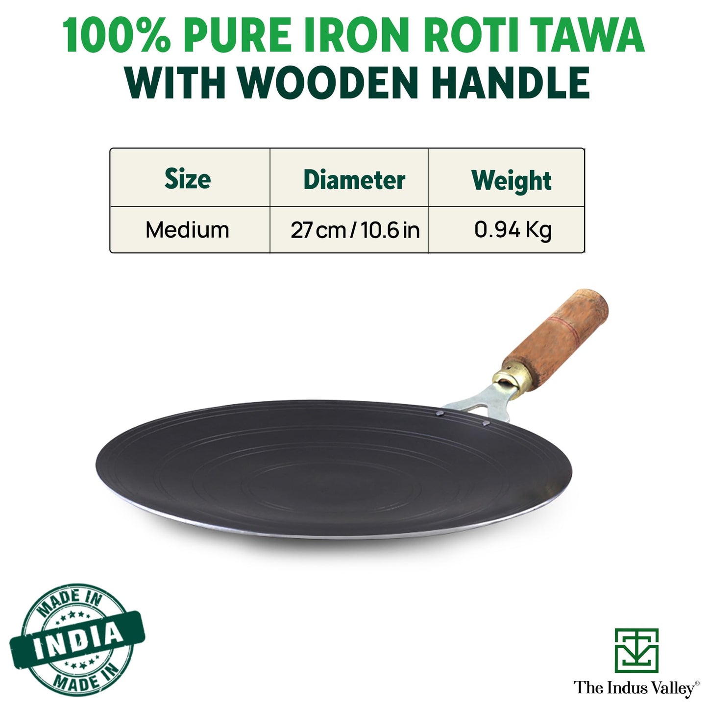 The Indus Valley Pre-Seasoned Iron Tawa for Dosa/Chapathi with Wooden Handle | 27cm/10.6 inch, 0.95kg | Gas Stove Friendly | 100% Pure & Toxin-Free, No Chemical Coating