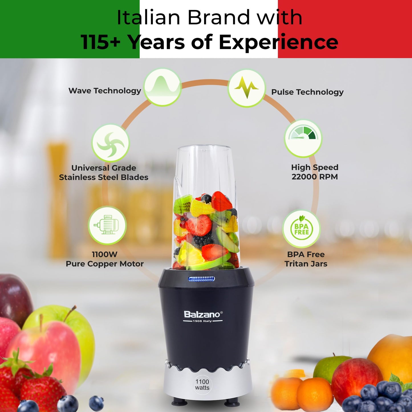 Balzano 1100W Ultra-Speed Bullet Mixer Grinder (Italian Design & Engineering) Blender for Smoothie and Juices, Juicer Mixer Grinder, Blender for Kitchen, Surgical Grade Stainless Steel Blades